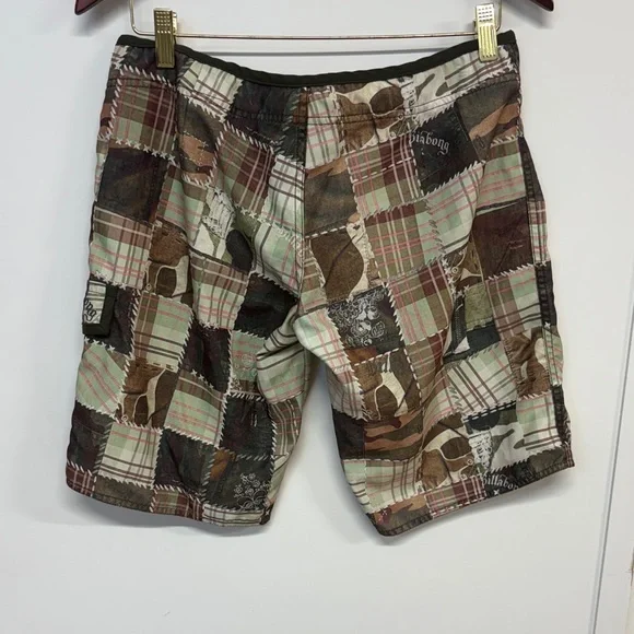 Billabong Patchwork Plaid Cargo Shorts - Brown, Green, Tan - Picture 2 of 5